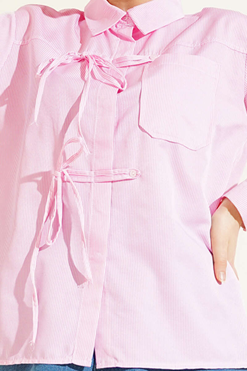 Short Striped Shirt with Front Cord - Pink