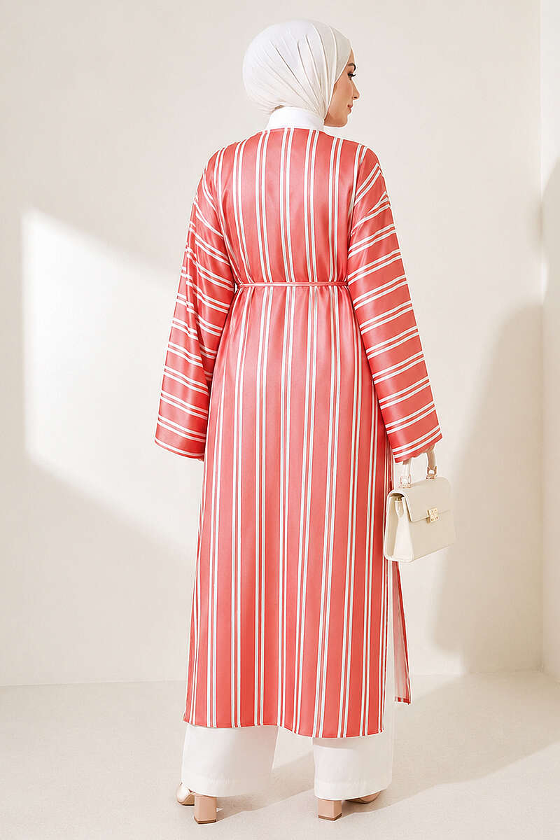 Long Striped Satin Tunic with Slits - Brick