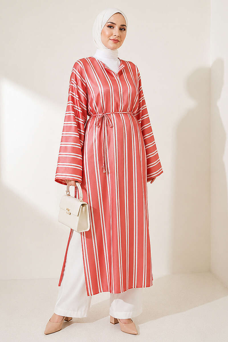 Long Striped Satin Tunic with Slits - Brick