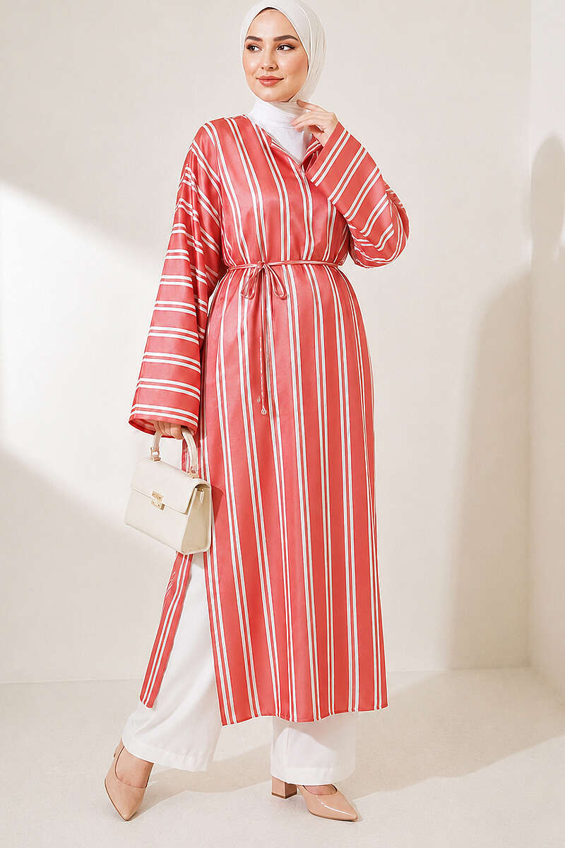 Long Striped Satin Tunic with Slits - Brick