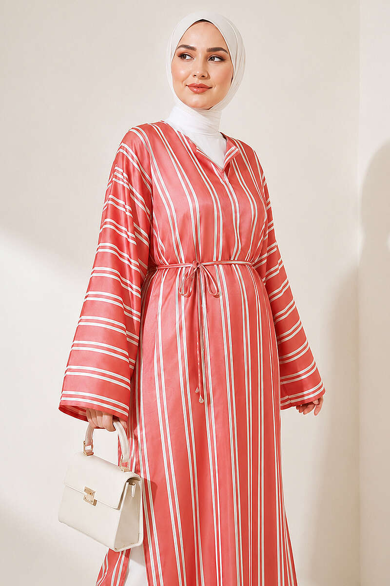 Long Striped Satin Tunic with Slits - Brick