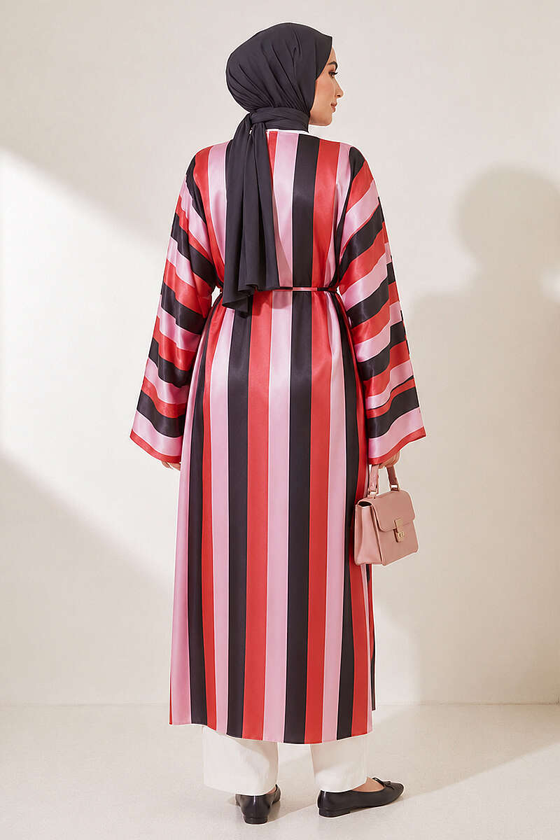 Long Striped Satin Tunic with Slits - Pink