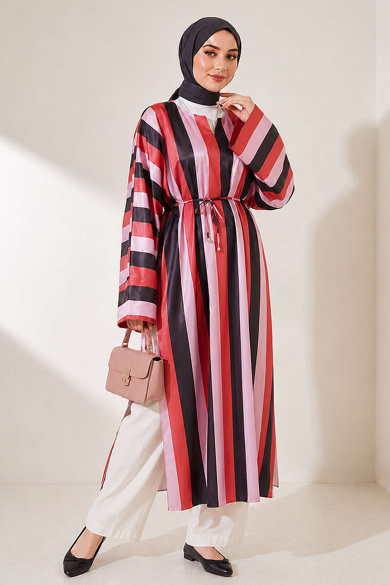 Long Striped Satin Tunic with Slits - Pink