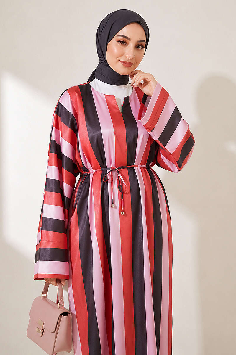 Long Striped Satin Tunic with Slits - Pink