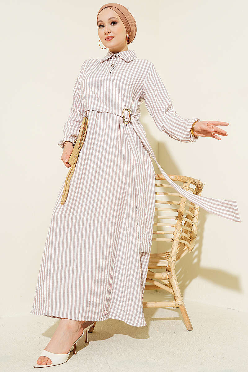 Striped Side-Tie Dress with Buckle - Brown