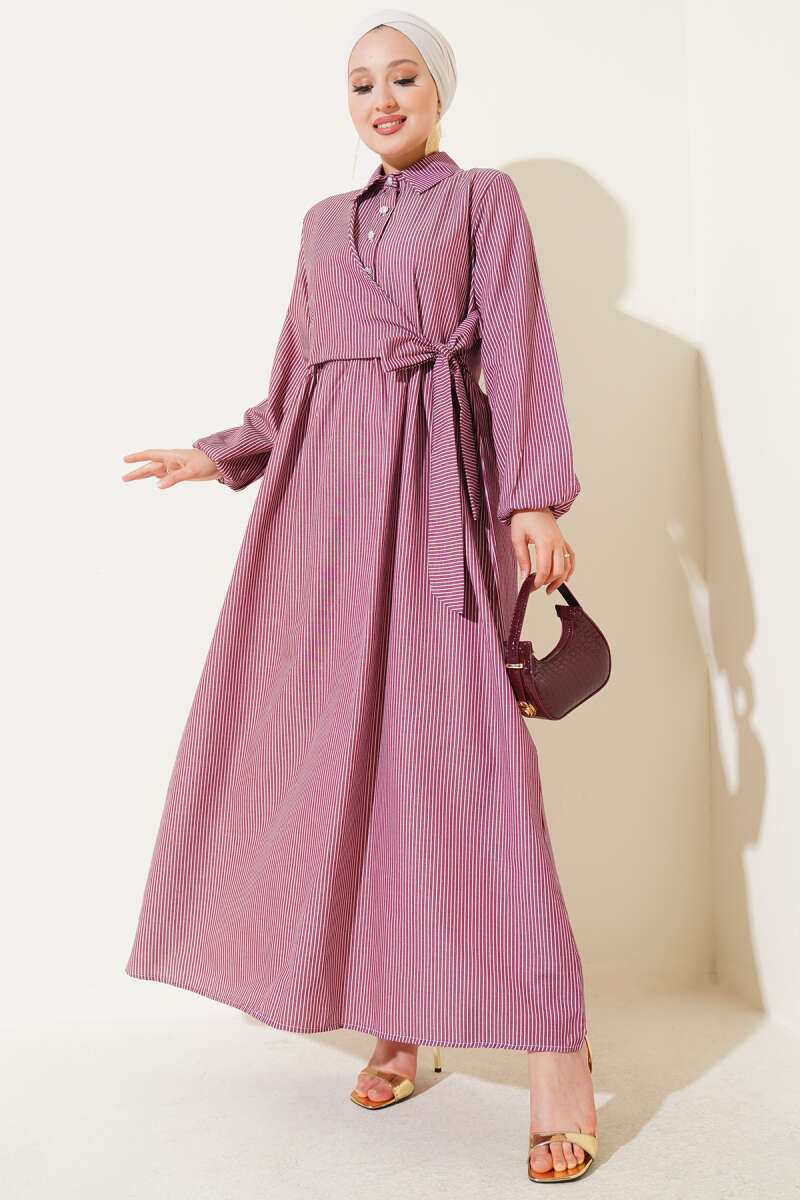 Striped Half-Button Tie Dress - Burgundy