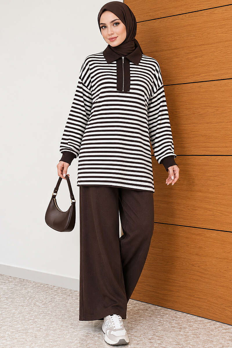 Striped Half-Zip Loycha Two-Piece Set - Brown