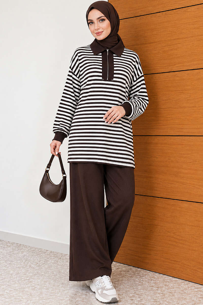 Striped Half-Zip Loycha Two-Piece Set - Brown