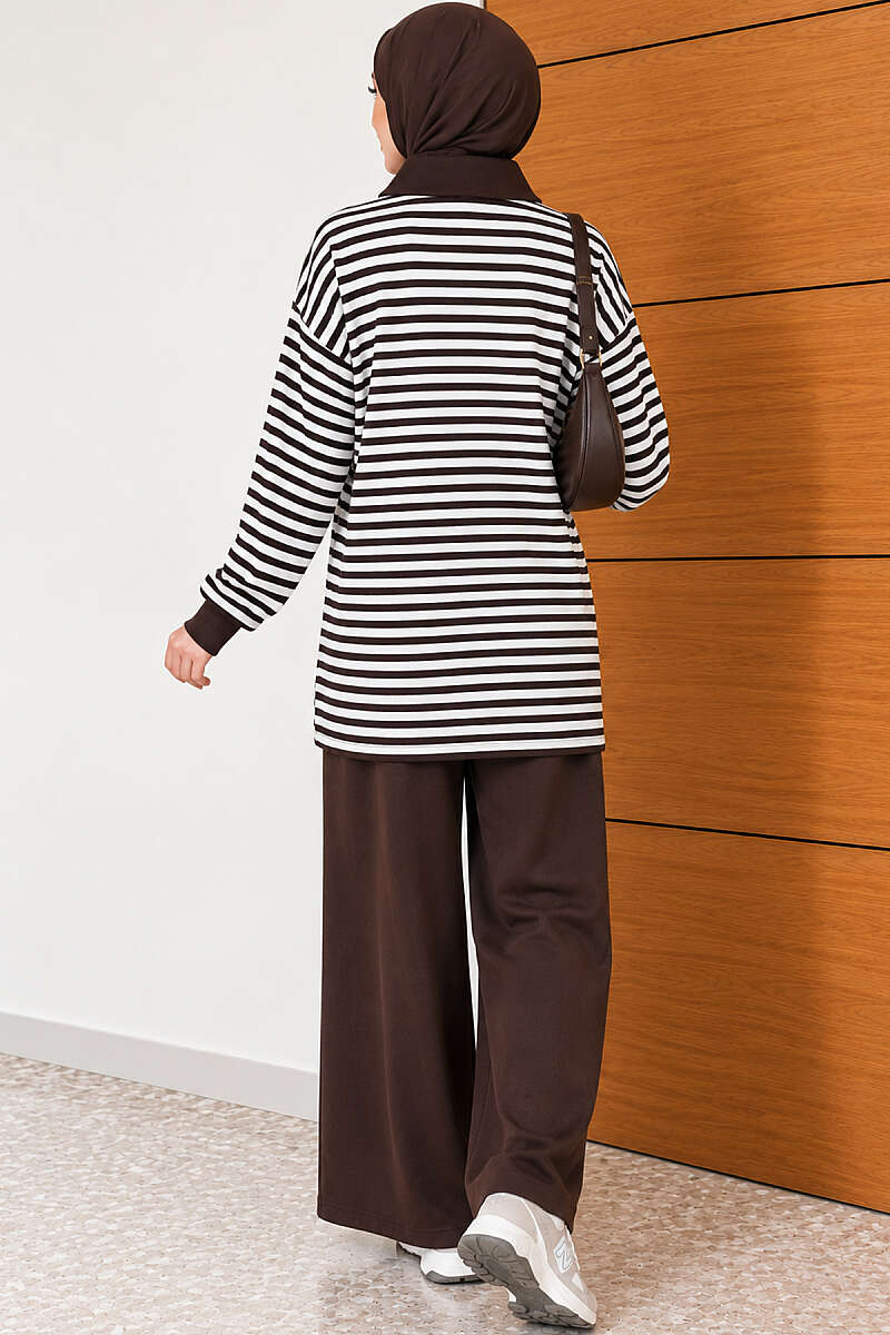 Striped Half-Zip Loycha Two-Piece Set - Brown