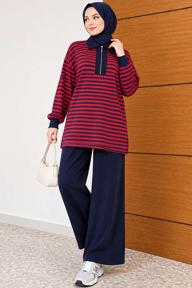 Striped Half-Zip Loycha Two-Piece Set - Red