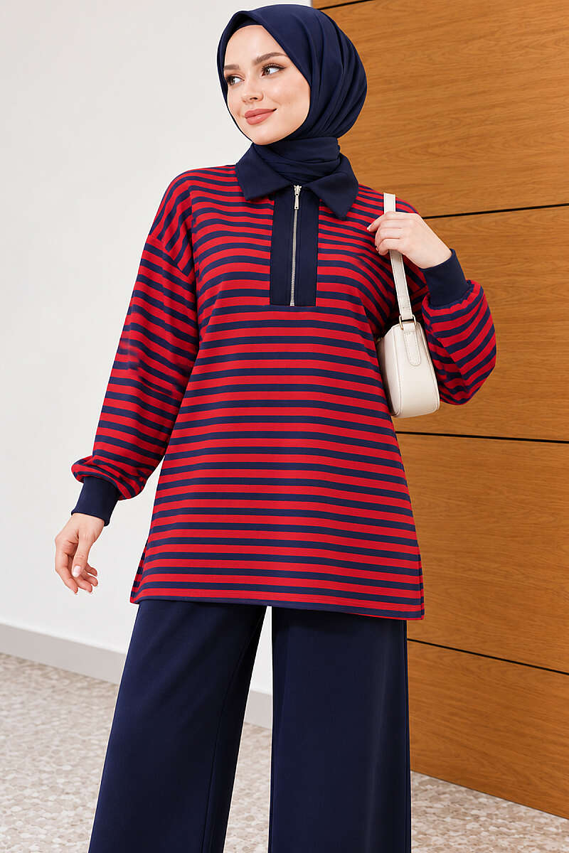 Striped Half-Zip Loycha Two-Piece Set - Red