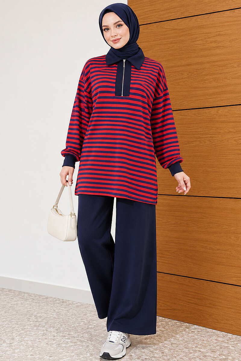 Striped Half-Zip Loycha Two-Piece Set - Red
