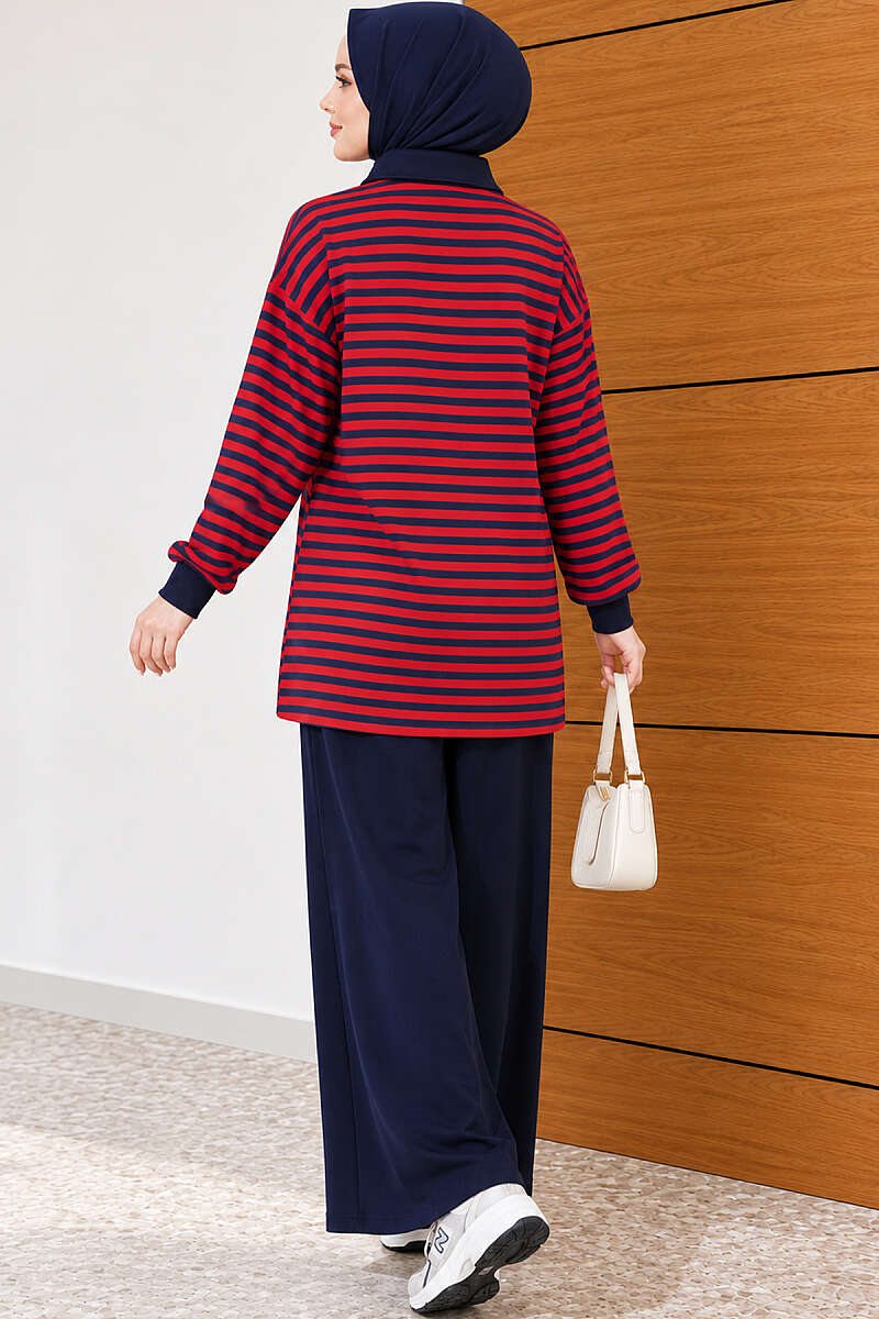 Striped Half-Zip Loycha Two-Piece Set - Red