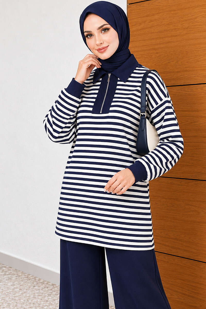 Striped Half-Zip Loycha Two-Piece Set - Navy