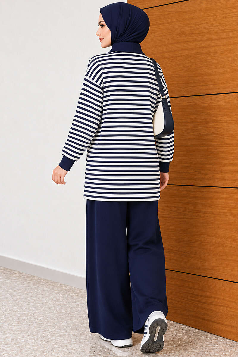 Striped Half-Zip Loycha Two-Piece Set - Navy