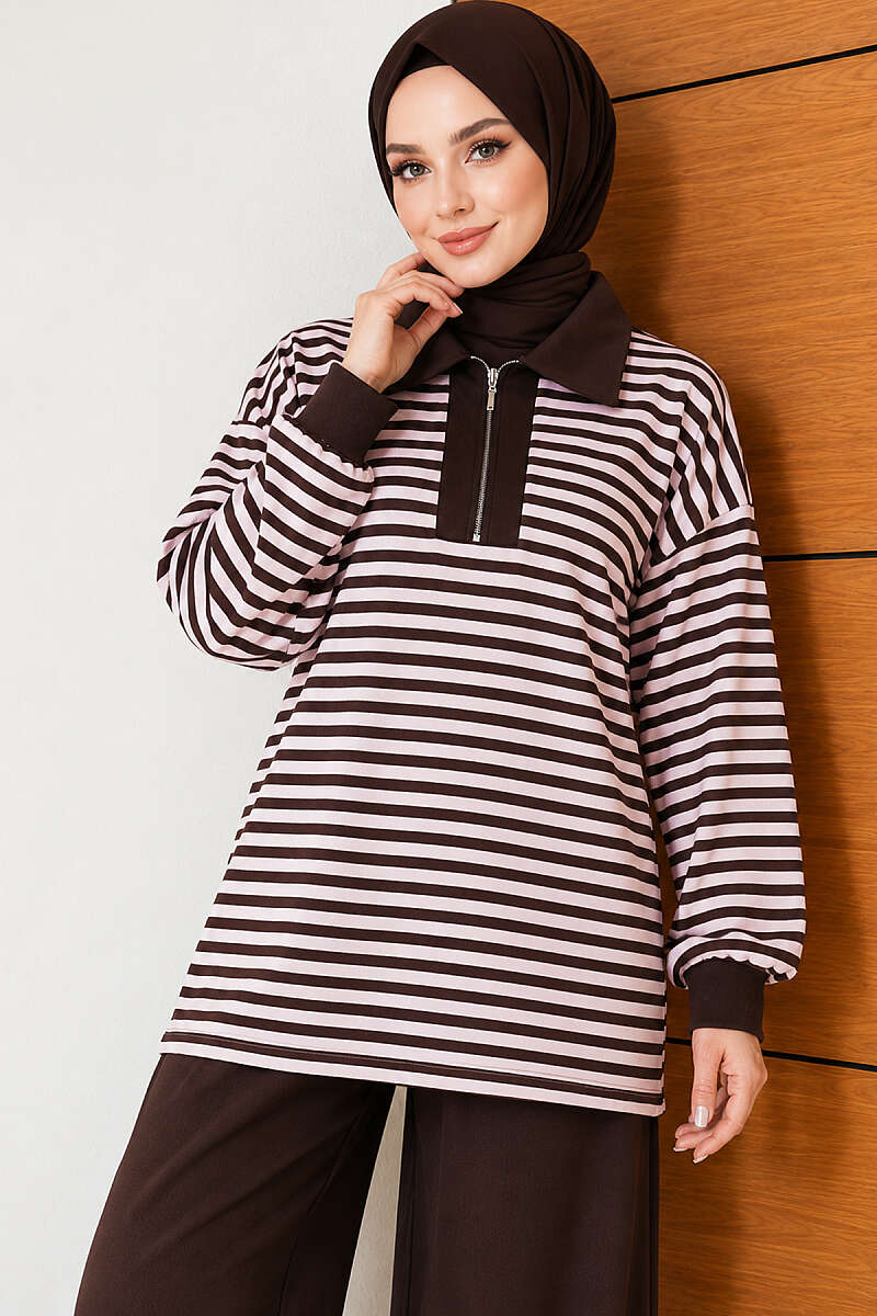 Striped Half-Zip Loycha Two-Piece Set - Pink