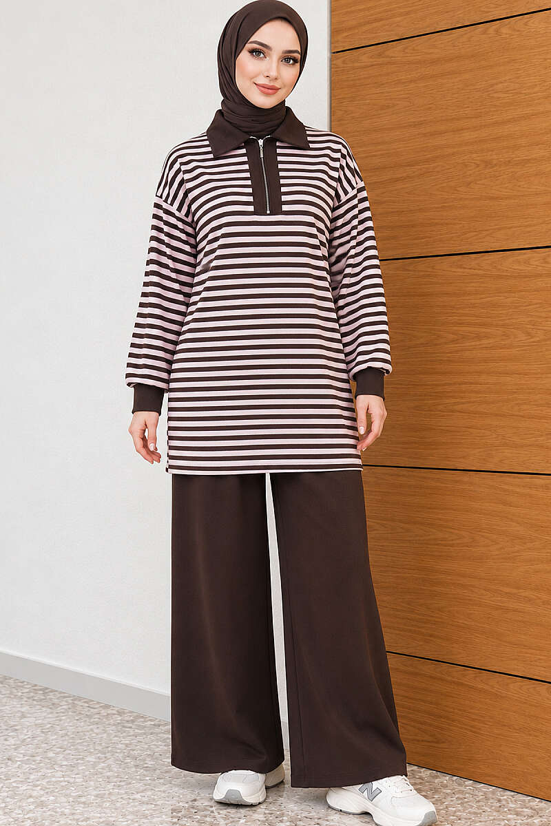 Striped Half-Zip Loycha Two-Piece Set - Pink