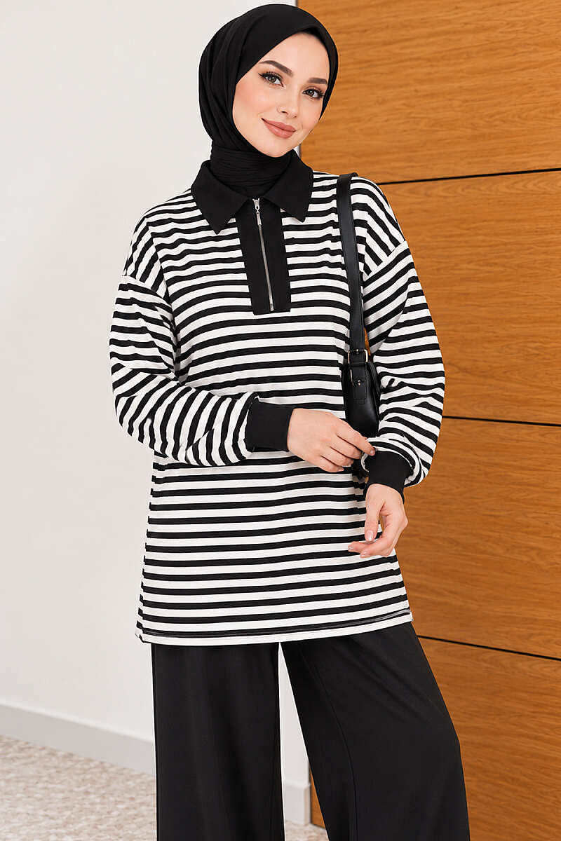 Striped Half-Zip Loycha Two-Piece Set - Black