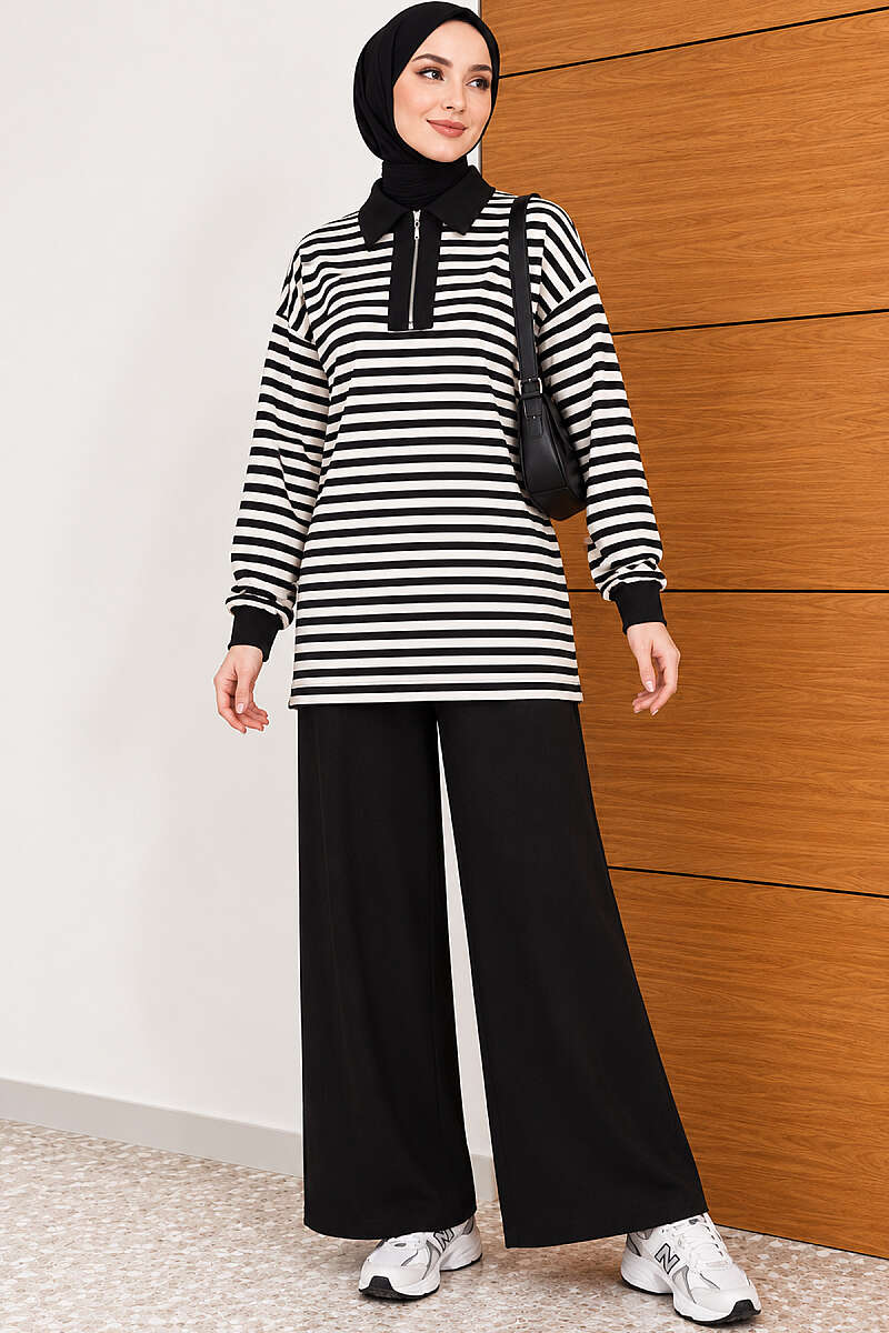 Striped Half-Zip Loycha Two-Piece Set - Black