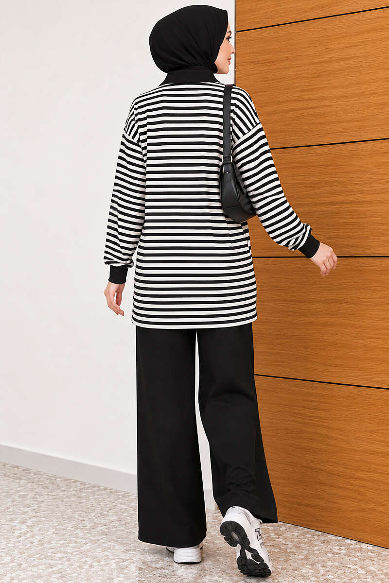 Striped Half-Zip Loycha Two-Piece Set - Black