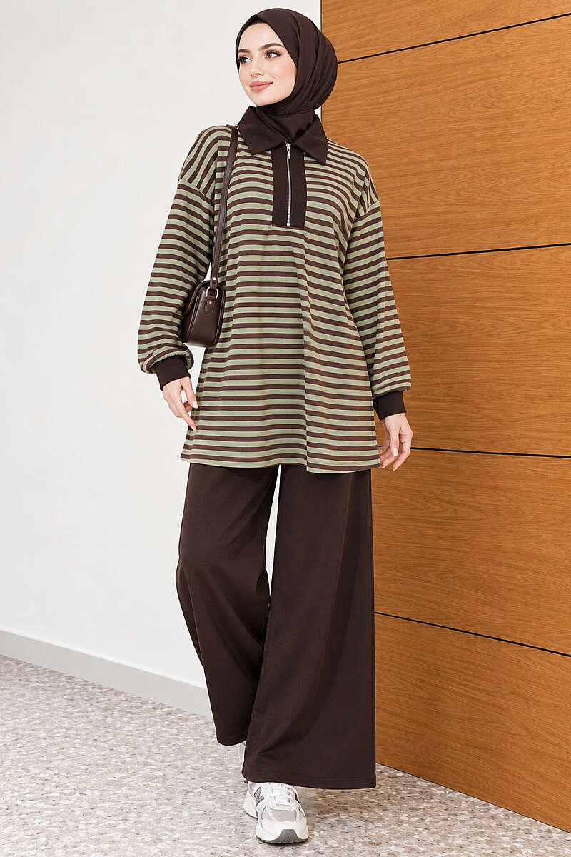 Striped Half-Zip Loycha Two-Piece Set - Green