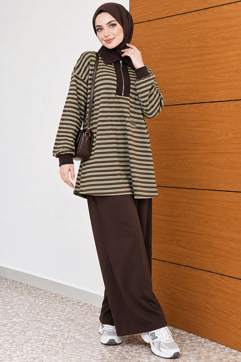 Striped Half-Zip Loycha Two-Piece Set - Green