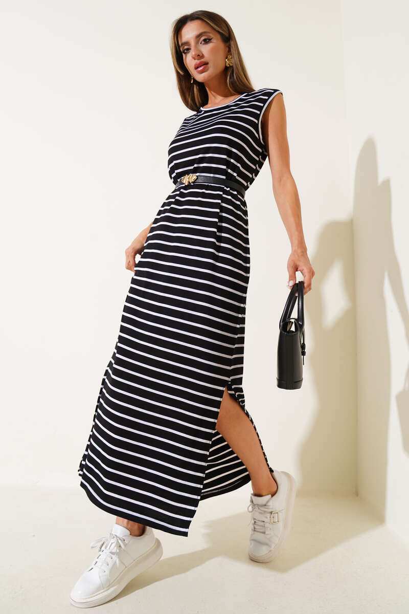 Striped Dress with Slit - Black