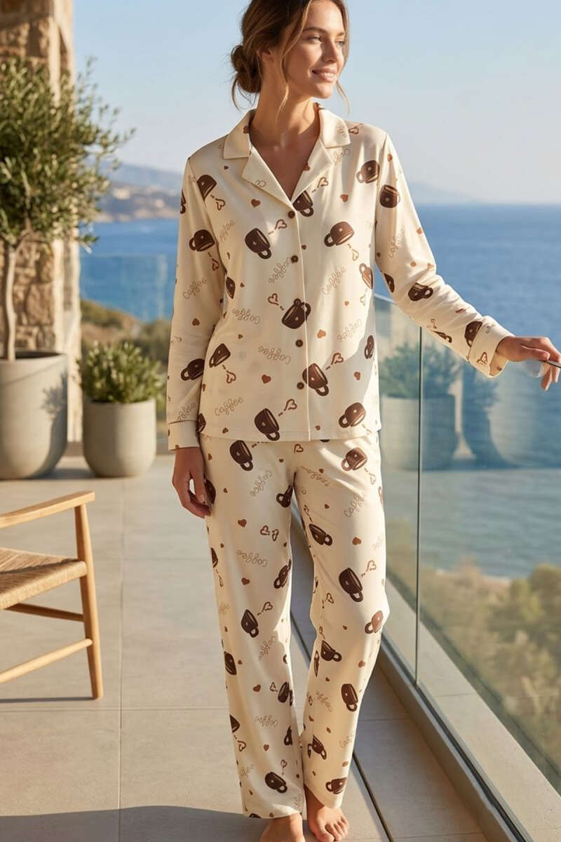 Coffee Print Pyjama Set - Beige