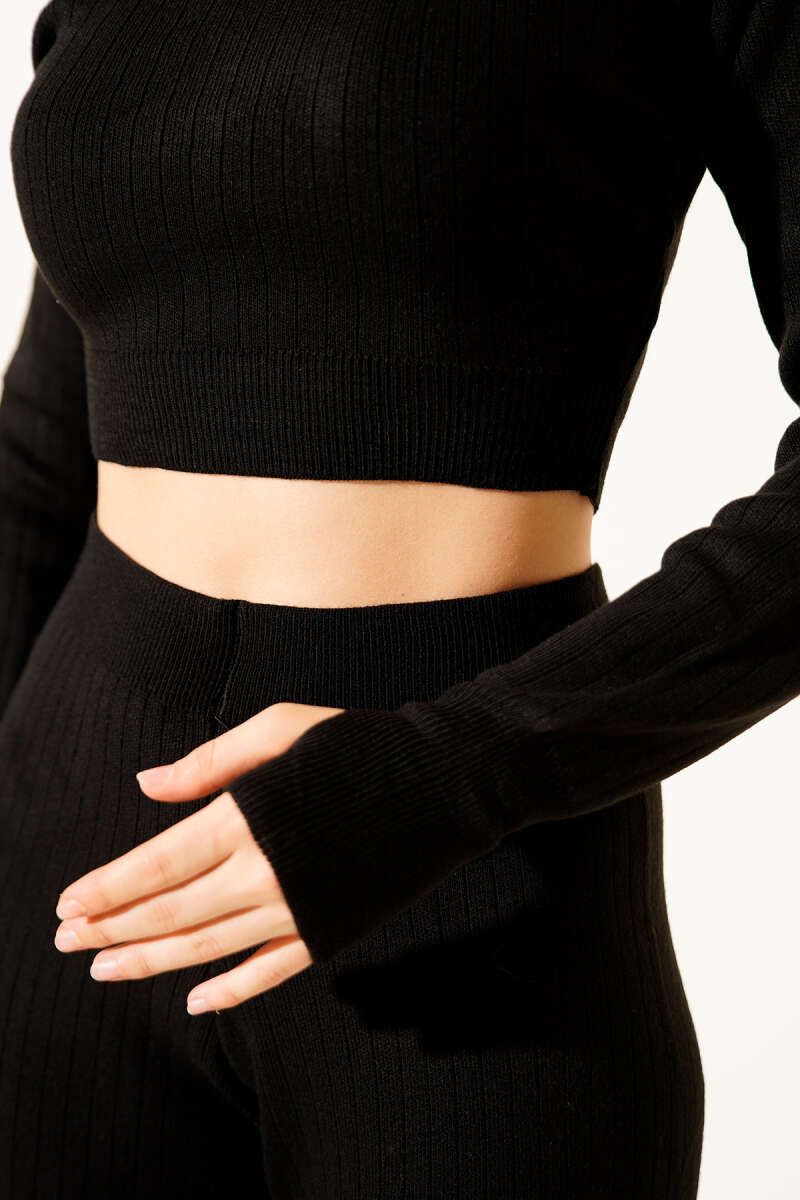 Cropped Knit Two-Piece Set - Black