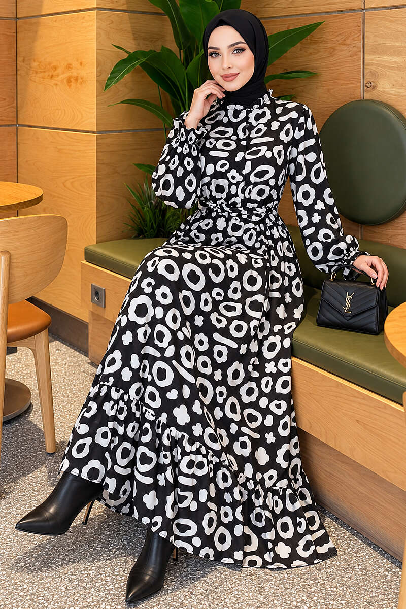 Dalmatian Print Satin Dress - Black