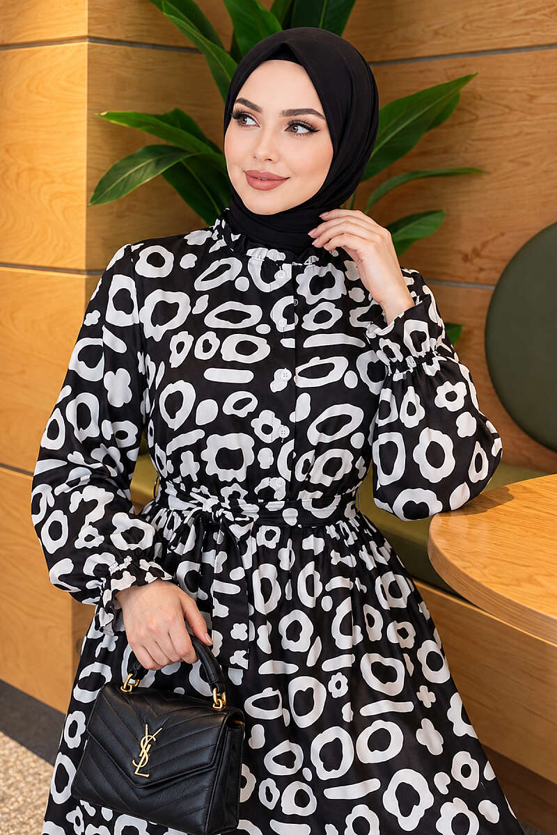 Dalmatian Print Satin Dress - Black