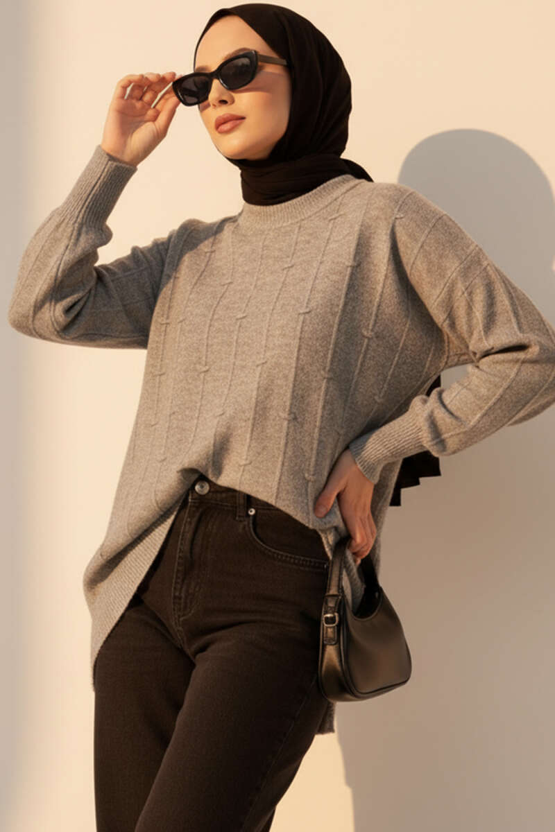 Soft Knit Sweater with Drop Pattern - Grey