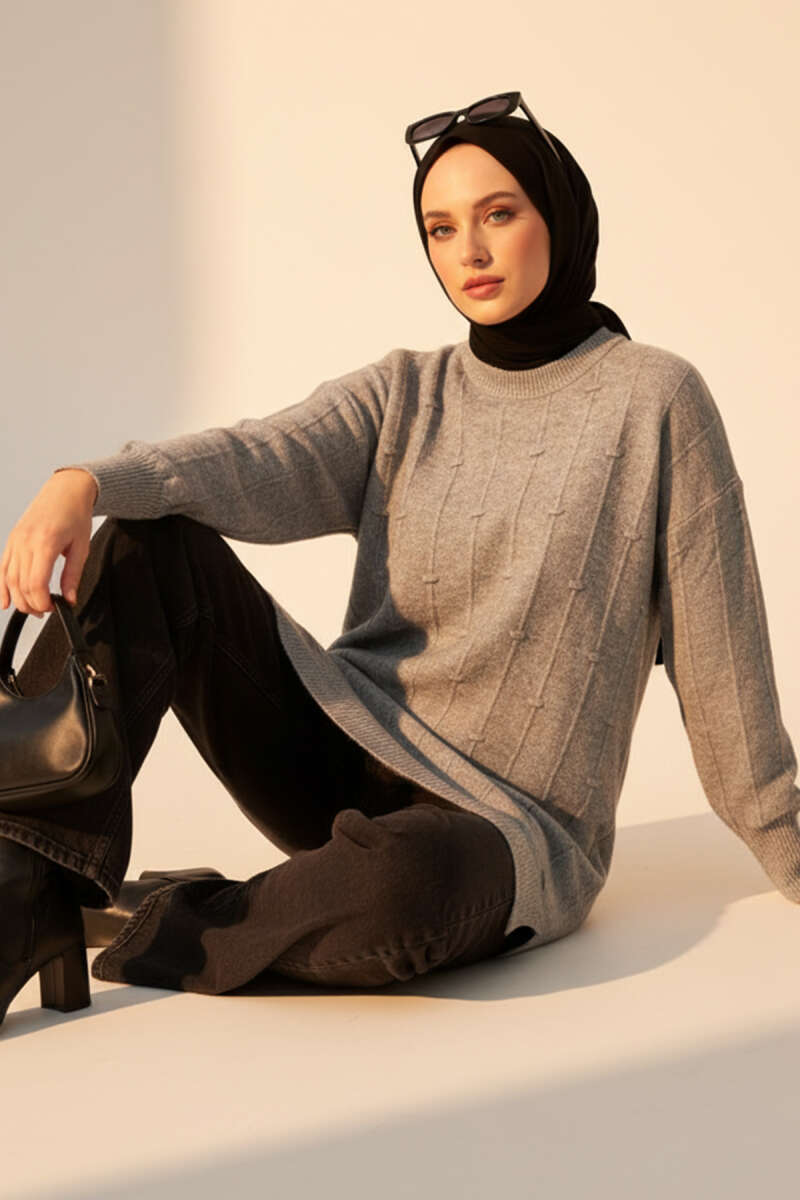 Soft Knit Sweater with Drop Pattern - Grey