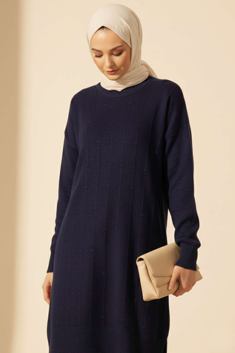 Soft Knit Sweater with Drop Pattern - Navy