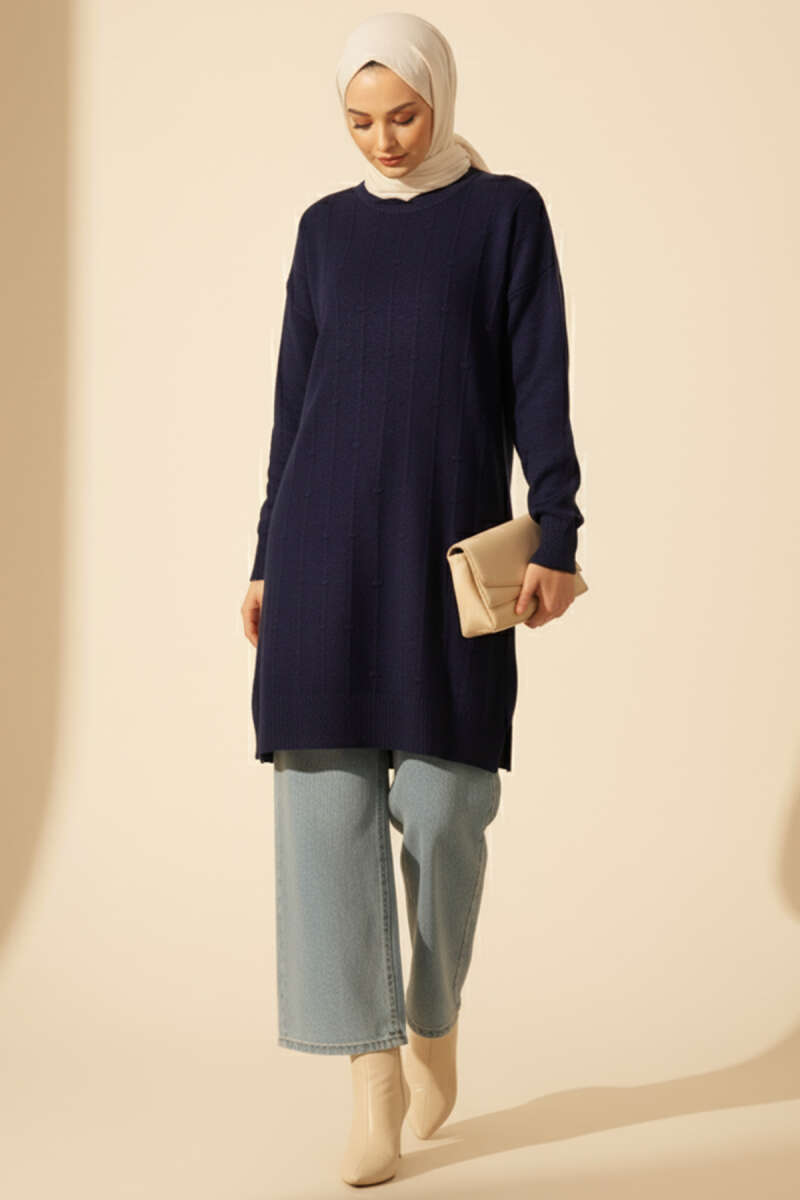 Soft Knit Sweater with Drop Pattern - Navy