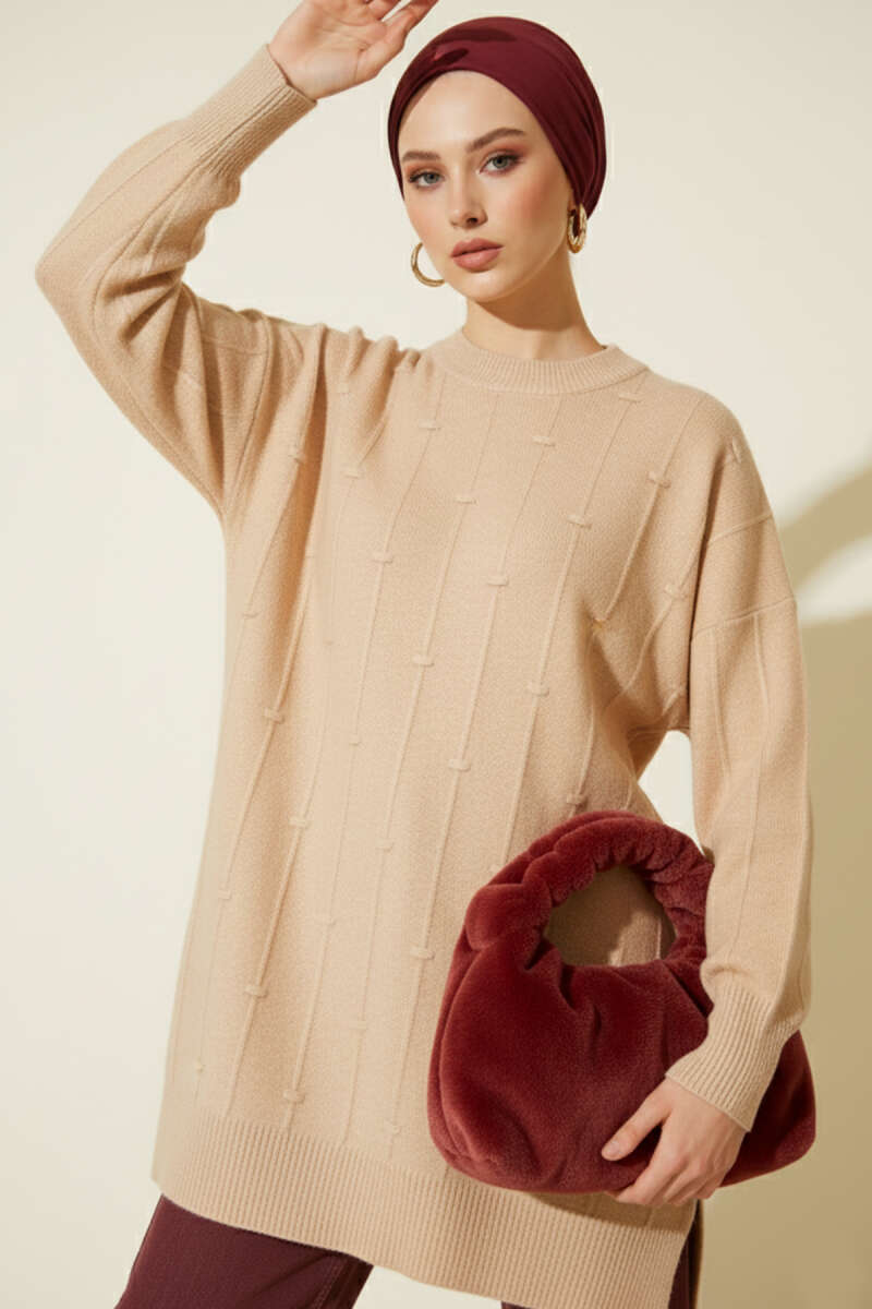 Soft Knit Sweater with Drop Pattern - Latte