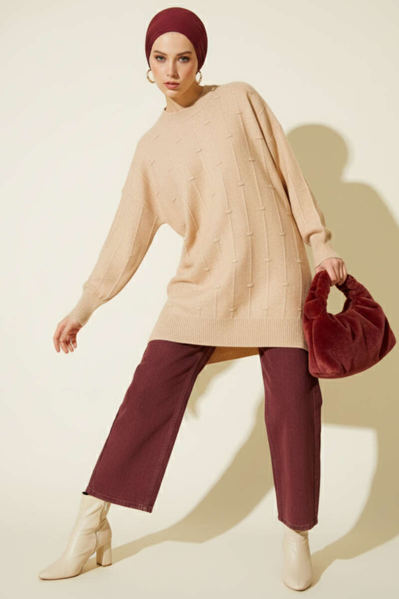 Soft Knit Sweater with Drop Pattern - Latte