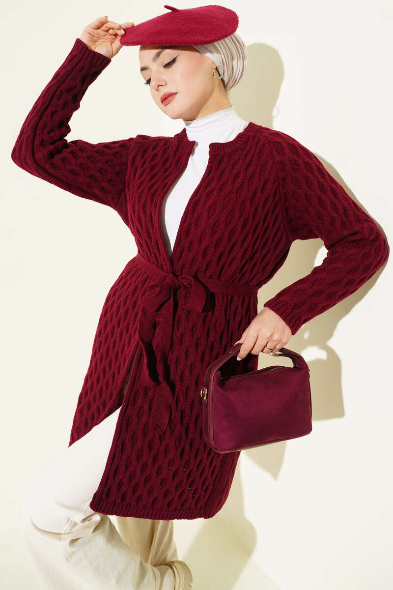 Knit Cardigan with Embossed Drops - Burgundy