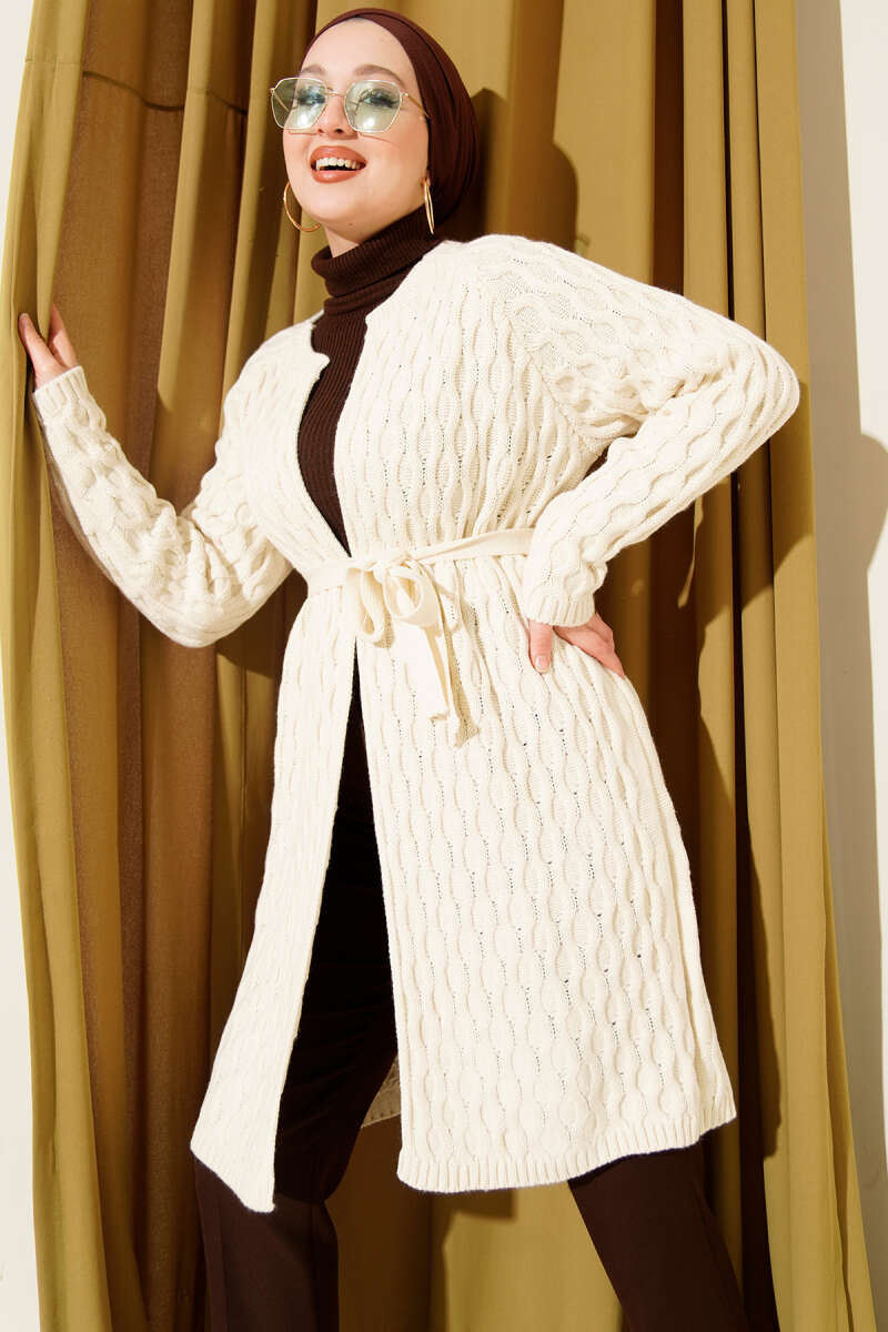 Knit Cardigan with Embossed Drops - Ecru