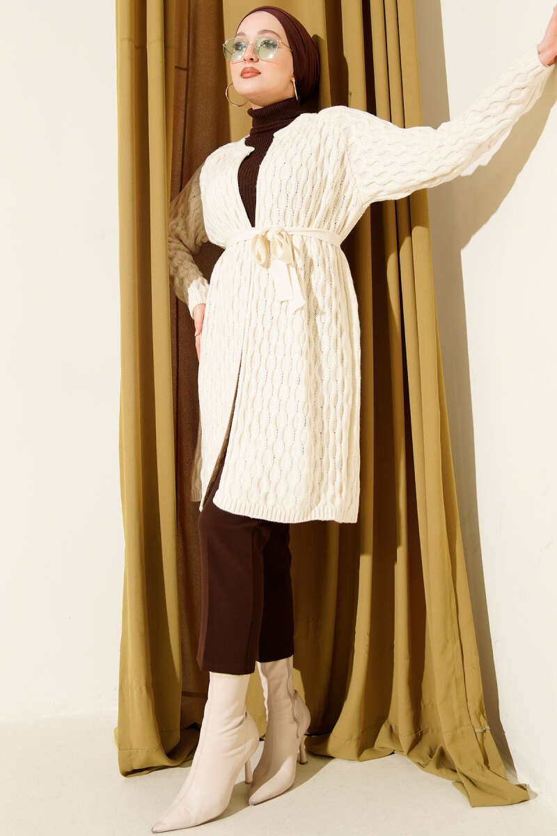 Knit Cardigan with Embossed Drops - Ecru
