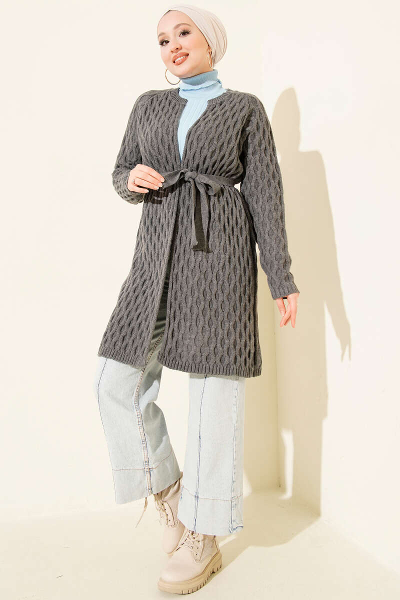 Knit Cardigan with Embossed Drops - Smoke Grey