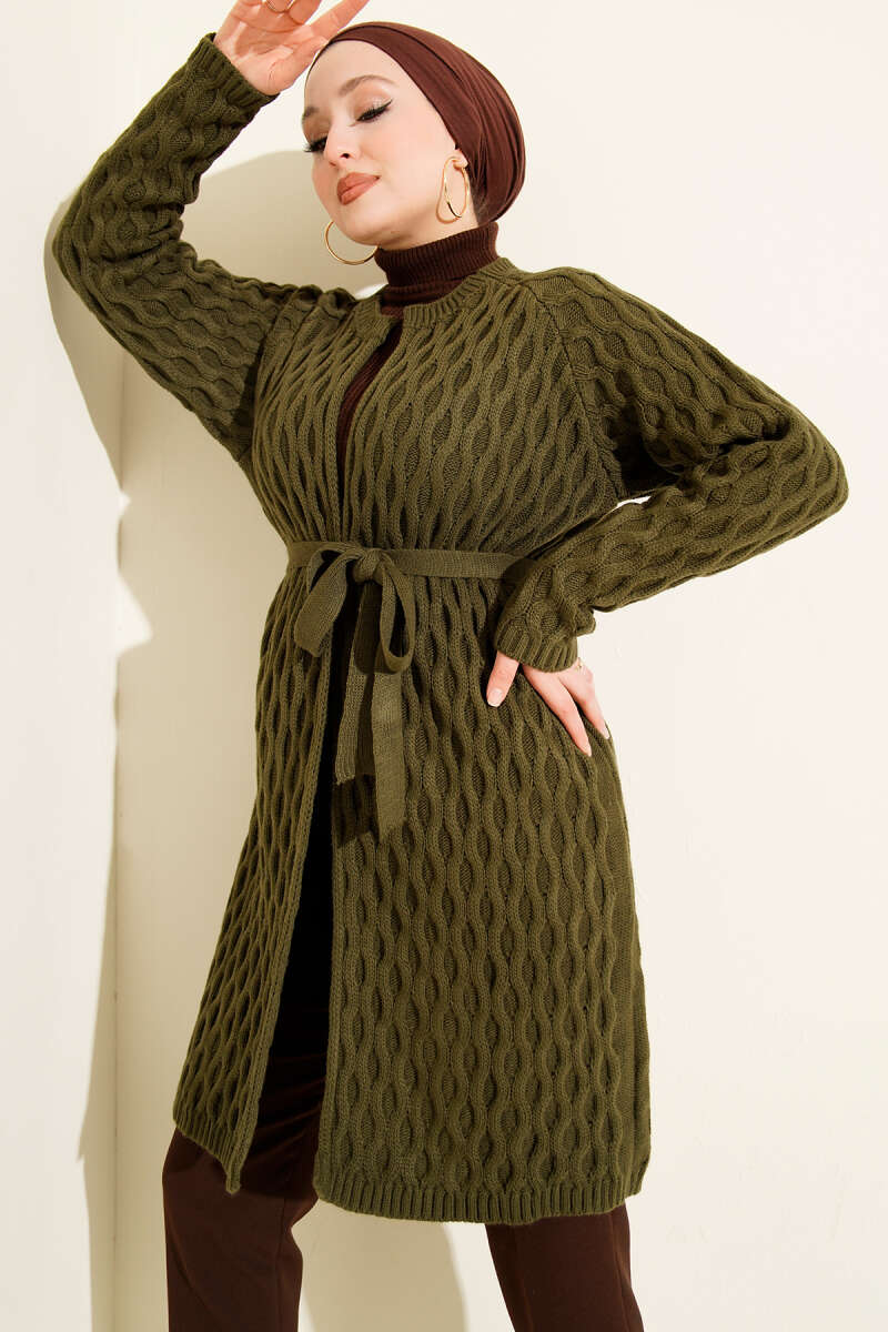 Knit Cardigan with Embossed Drops - Khaki