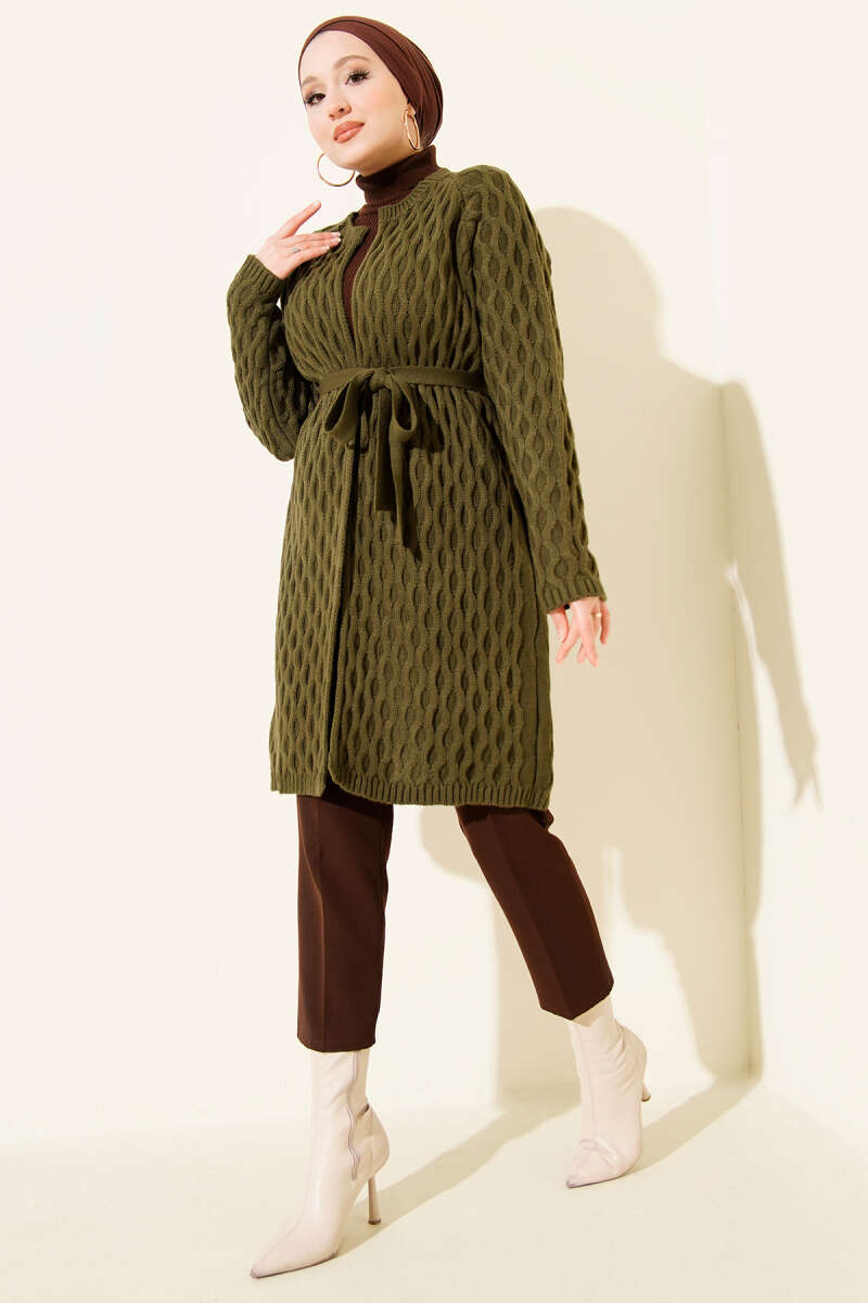 Knit Cardigan with Embossed Drops - Khaki