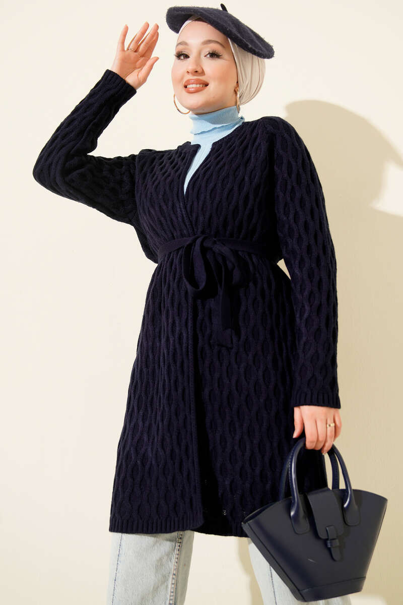 Knit Cardigan with Embossed Drops - Navy