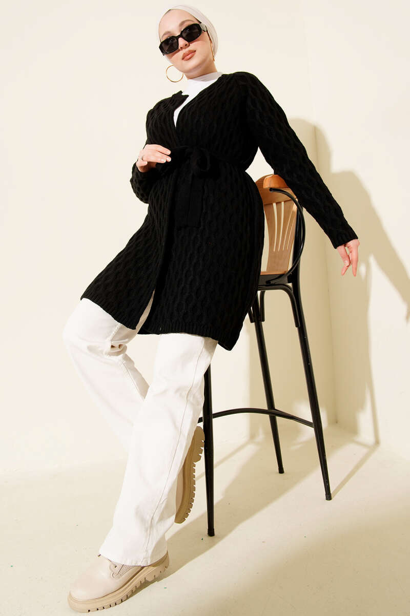 Knit Cardigan with Embossed Drops - Black