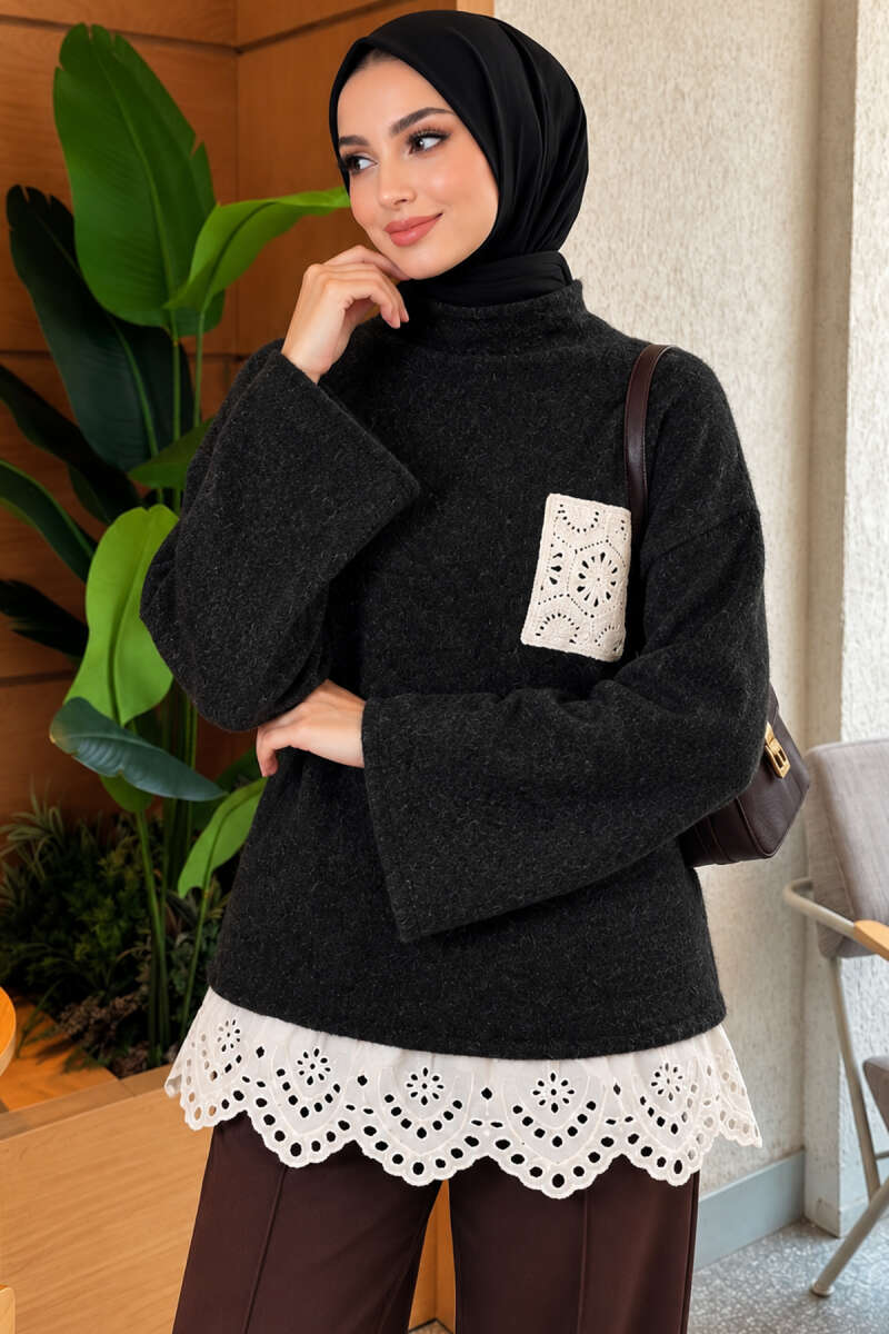 Knit Tunic with Lace Pockets - Charcoal