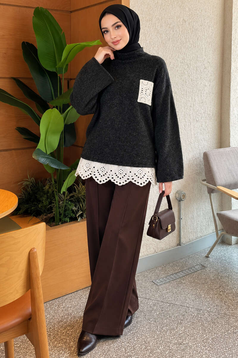 Knit Tunic with Lace Pockets - Charcoal