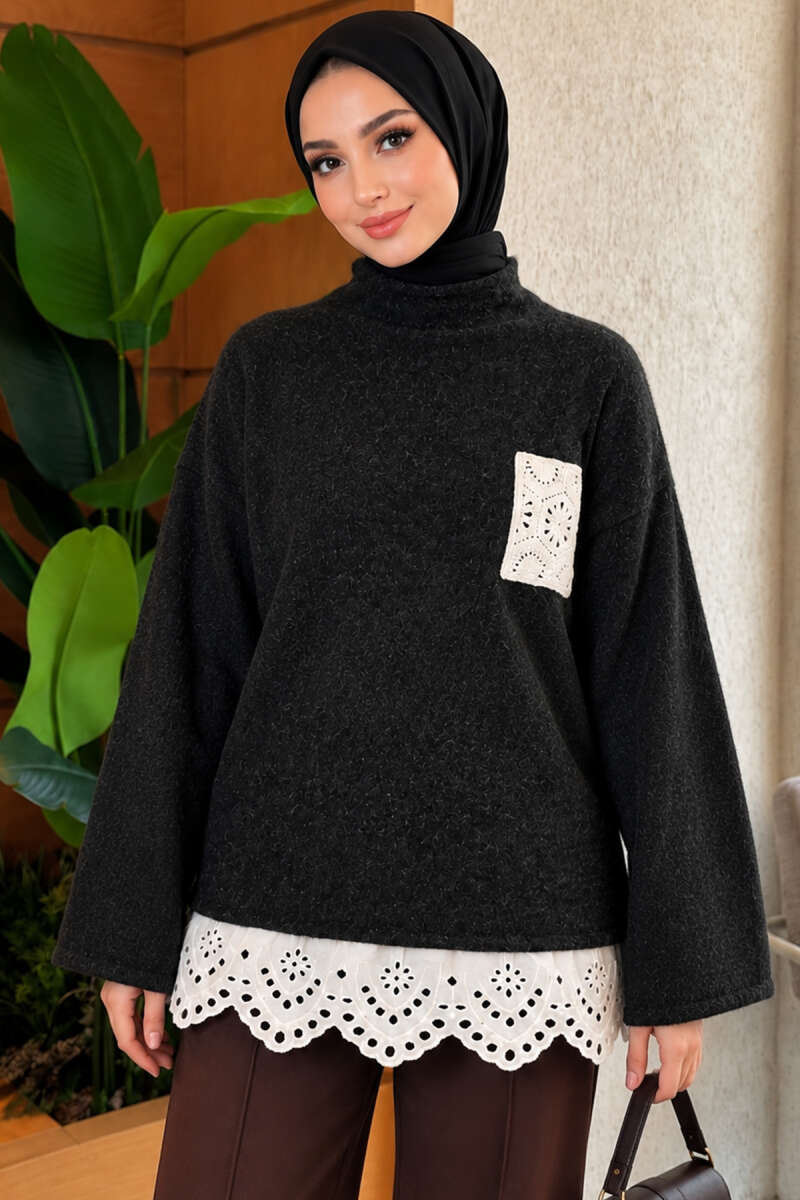 Knit Tunic with Lace Pockets - Charcoal