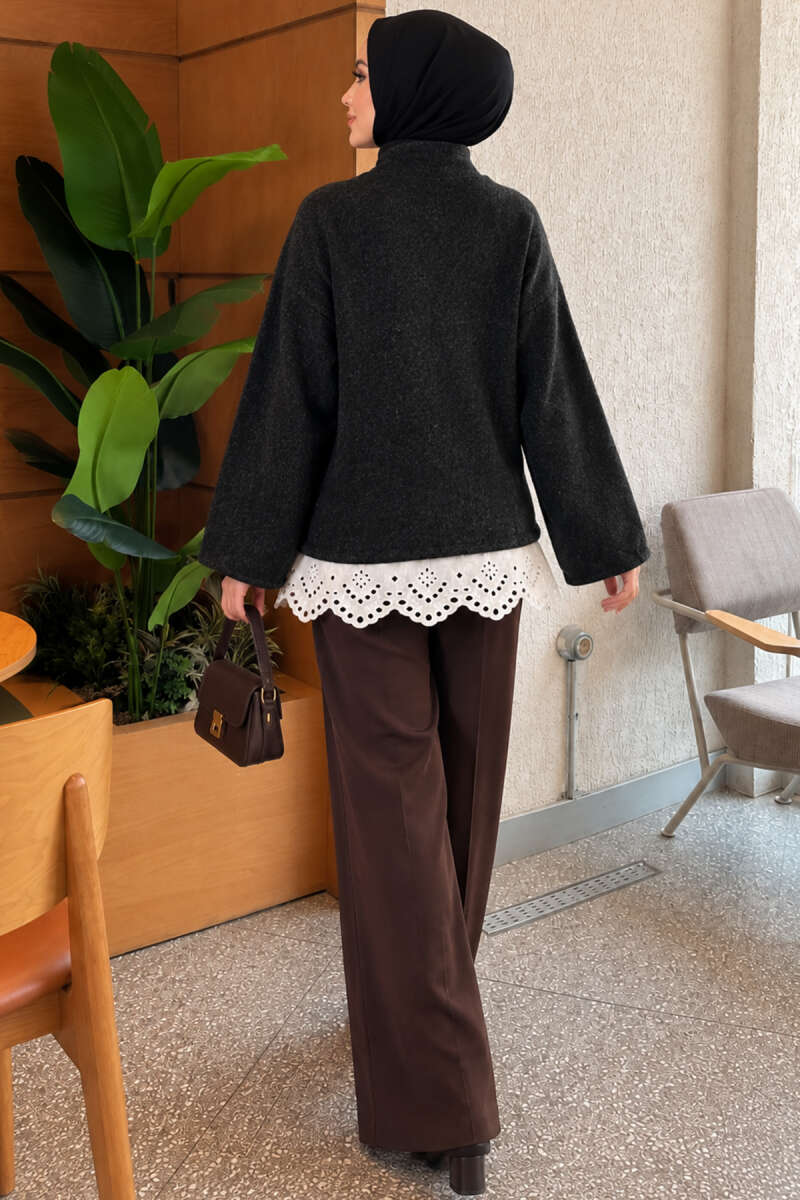 Knit Tunic with Lace Pockets - Charcoal