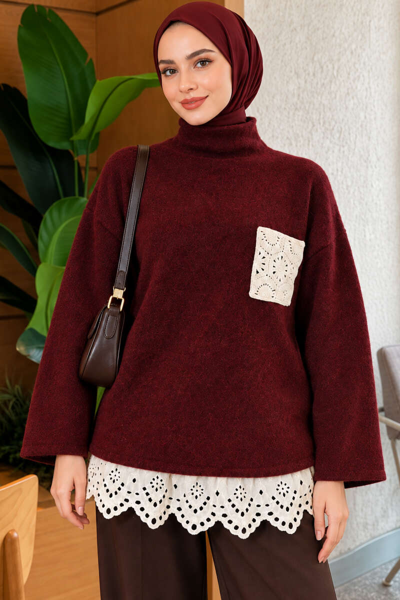 Knit Tunic with Lace Pockets - Burgundy